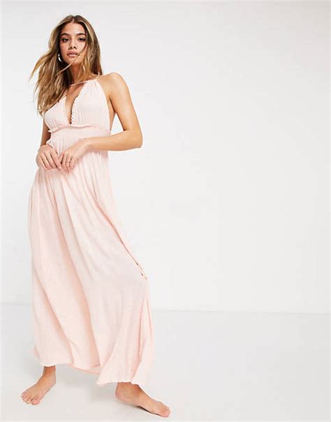 Asos Design Halter Tiered Maxi Beach Dress In Pink Metallic Stripe