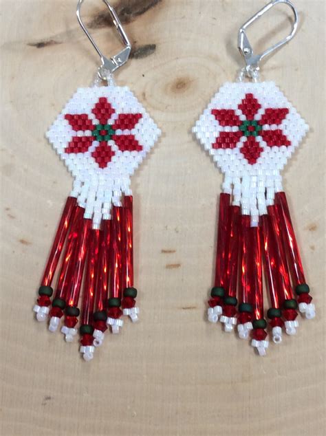 Seed Bead Earrings Name Poinsettia Christmas Earrings Etsy Beaded Earrings Patterns