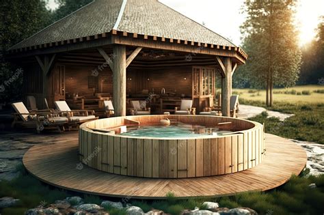 Premium Photo | Large outdoor hot tub with wooden edging and chairs