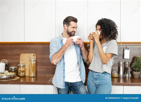 Interracial Couple Enjoying Happy Morning Together Stock Image Image