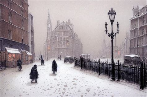 Premium AI Image | A painting of a street scene with snow on the ground and people walking in ...