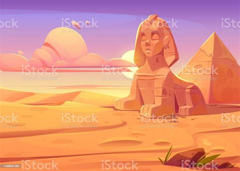 Egyptian Desert With Ancient Sphinx And Pyramid Stock Illustration