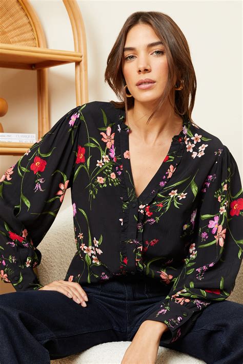 Buy Love And Roses Black And White Floral Ruffle Trim V Neck Long Sleeve