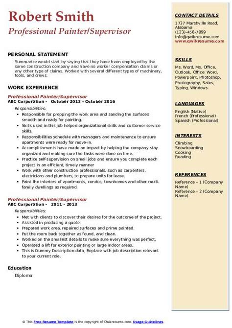 Professional Painter Resume Samples QwikResume