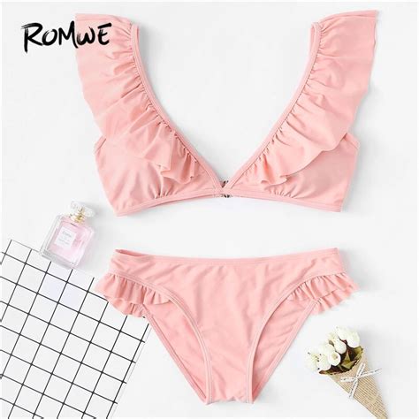 Romwe Sport Solid Pink Sexy V Neck Ruffle Bikini Set Women 2018 Summer