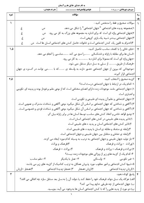 آزمون مجازی درس 1 و 2 جامعه شناسی دهم دبیرستان صلاح الدین ایوبی گاما