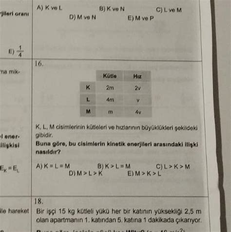 16 Kütle Hız K 2m 2v L 4m V Mm 4 4v K L M cisimlerinin kütleleri ve