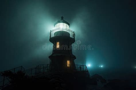 Lighthouse on a Foggy Night, with Mist Swirling Around the Tower Stock Illustration ...