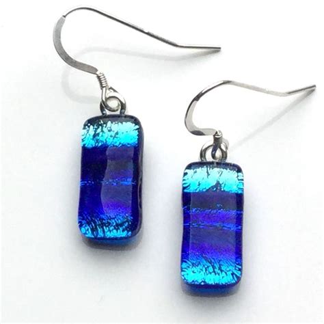 Blue Dichroic Glass Sterling Silver Earrings Fused Dichroic Etsy Uk