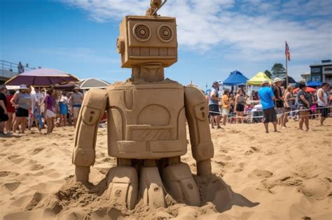 Premium Photo A Robot Sand Sculpture On The Beach Art Festival