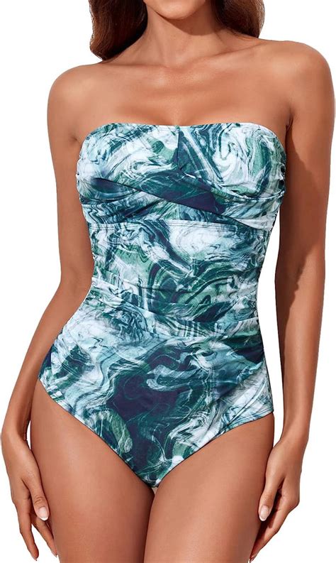 Lake Como Abstract Blue One Piece Tummy Control Bandeau Strapless Swim Marco Bella