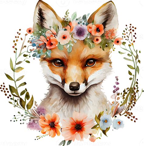 Cute Fox With Flowers Watercolor Illustration 22699403 Png