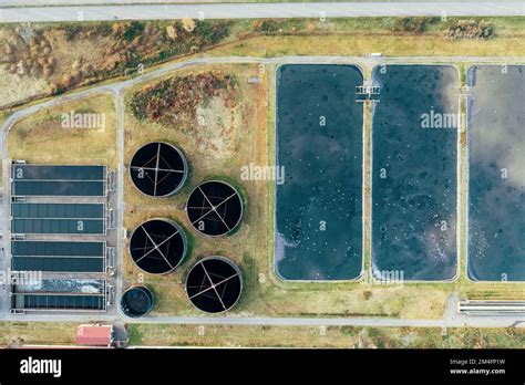 Aerial View Of Wastewater Treatment Plant Filtration Of Dirty Or