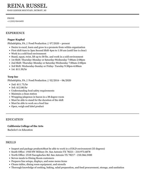 Food Production Resume Samples Velvet Jobs