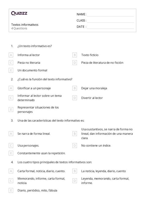 50 Características Del Texto De No Ficción Hojas De Trabajo Para Grado