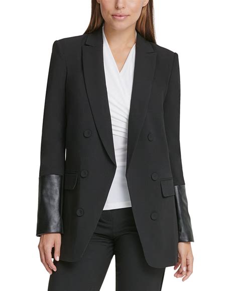 Dkny Faux Leather Cuff Double Breasted Blazer Macys