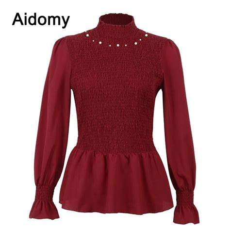 Pearl Beaded Blouse Long Sleeve Shirts Women Stand Collar Ruffles