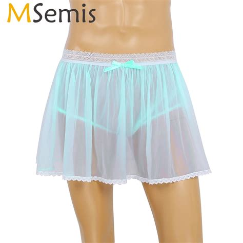 Msemis Men Sissy Dress Lingerie Lace Floral Mesh See Through Mini Dress