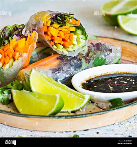 Fresh Asian Appetizer Spring Rolls Nem Made From Rice Paper And Raw