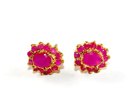 Pink Semiprecious Gemstone Stud Earrings 10x9mm 22kt Gold Etsy