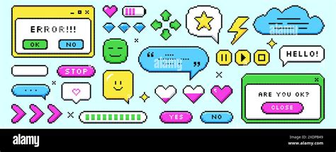 Set Of Pixel Dialogue Boxes Different Shapes Color Chat Speech Bubbles