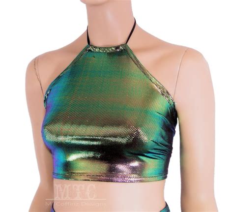 Holographic Color Shifting Metallic Oil Slick Halter Corset Lacing