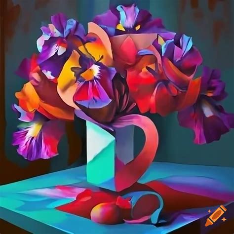 Vibrant Cubo Futuristic Painting Of Pomegranates And Iris Flowers On