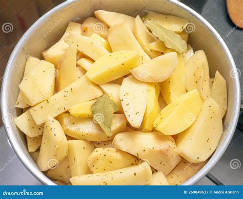 Top View Boil Potatoes In A Saucepan With Bay Leaf Cooking Food