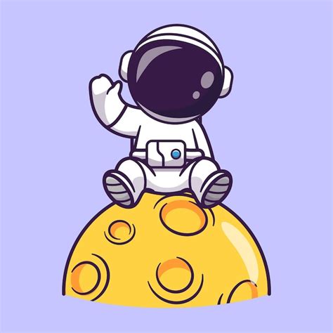 Bonito astronauta sentado na lua e acenando a mão dos desenhos animados