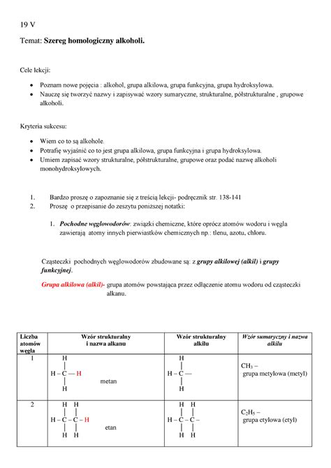 Chemia Klasa 8 19 V Temat Szereg Homologiczny Alkoholi Cele Lekcji
