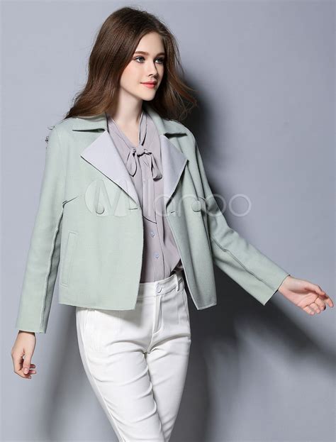 Women S Short Jacket Cyan Turndown Collar Long Sleeve Outerwear With Buttons