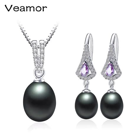 Black Pearl Jewelry Set Classic Style 925 Sterling Silver Pendant Necklace Earrings Natural