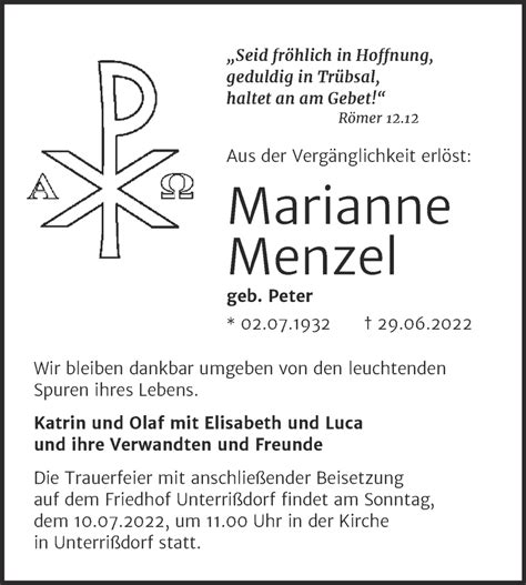 Traueranzeigen Von Marianne Menzel Abschied Nehmen De