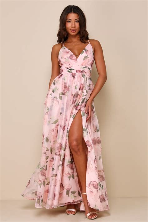 Blush Floral Print Dress Organza Maxi Gown Plunge Dress Lulus