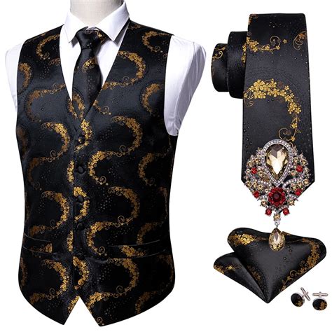 Black 5PCS Designer Mens Wedding Suit Vest Gold Floral Jacquard Folral