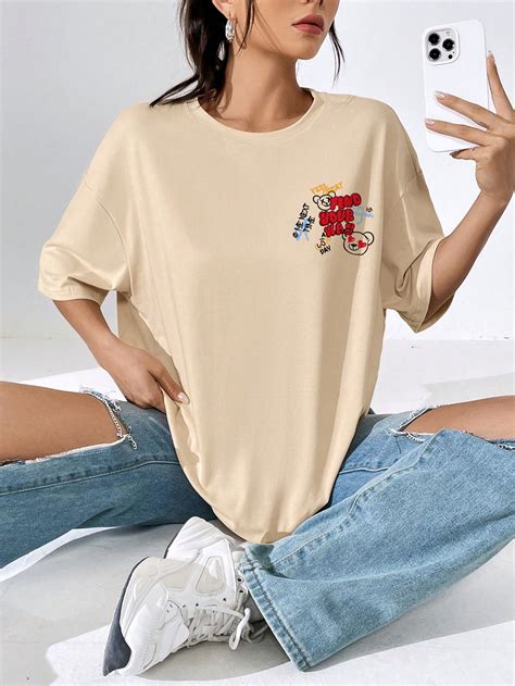 Shein Ezwear Slogan Cartoon Graphic Drop Shoulder Oversized Tee