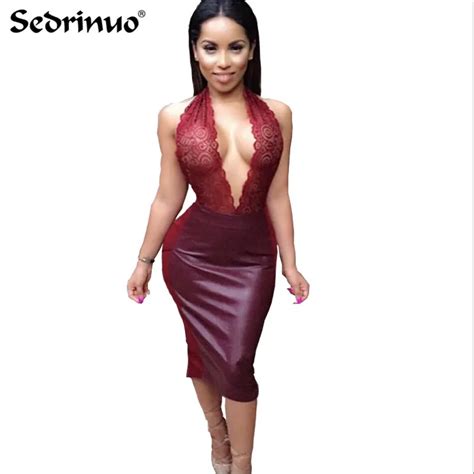 2018 Sexy Club Dress Pu Leather Hollow Out Lace Backless Women Slim