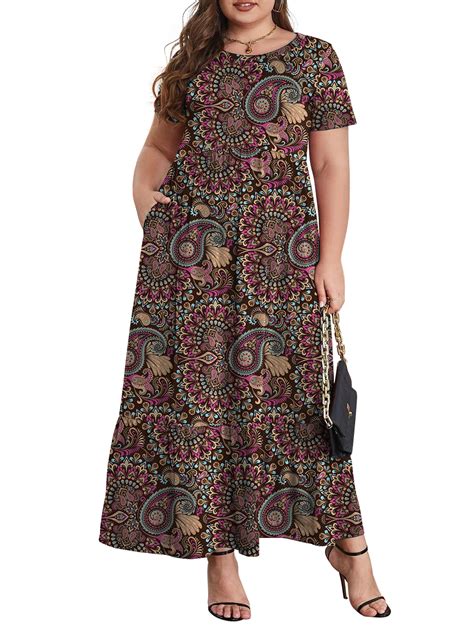 Mengpipi Plus Size Womens Casual Short Sleeve Maxi Dress With Pockets