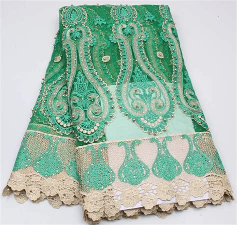 Nigeria Lace Fabric Green With Bead And Stone Embroidered Mesh African