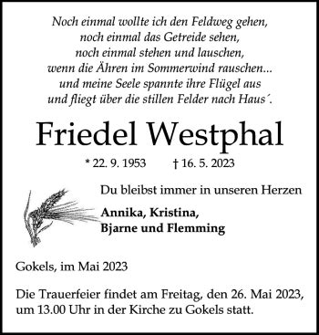 Traueranzeigen Von Friedel Westphal Sh Z Trauer