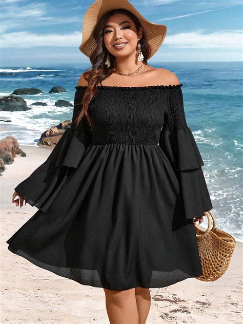 Shein Wywh Plus Size Off The Shoulder Flare Sleeve Dress Shein Usa