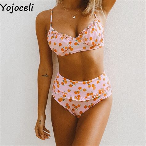 Yojoceli Ruffle Cherry Print Sexy Swimwear Suit Girl Summer Beach