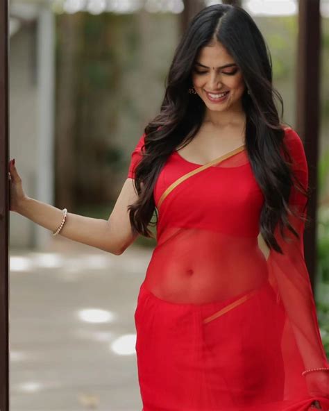 Malavika Mohanan Hot Navel Exposed In Red Transparent Saree Glamsundari In