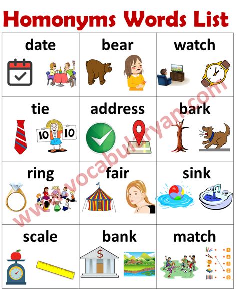 Homonyms Words List For Grade 2 And 3 With Picture Vocabularyan