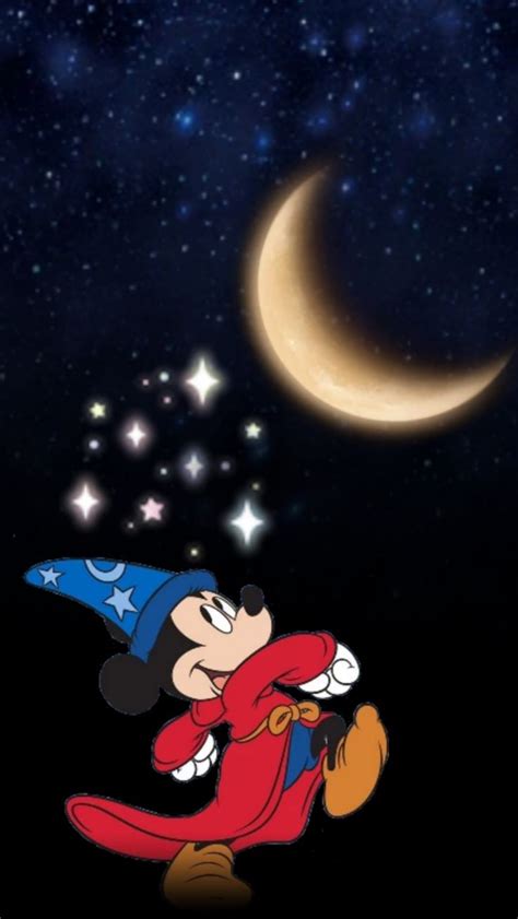 Mickey Mouse Flying In The Night Sky With Stars And A Crescent Moon