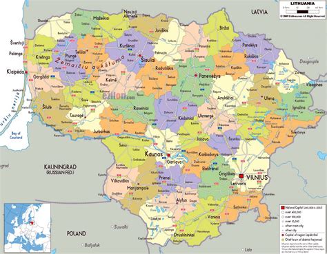 large political  administrative map  lithuania  roads cities