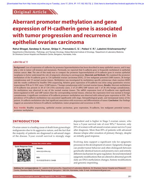 Pdf Aberrant Promoter Methylation And Gene Expression Of H‑cadherin