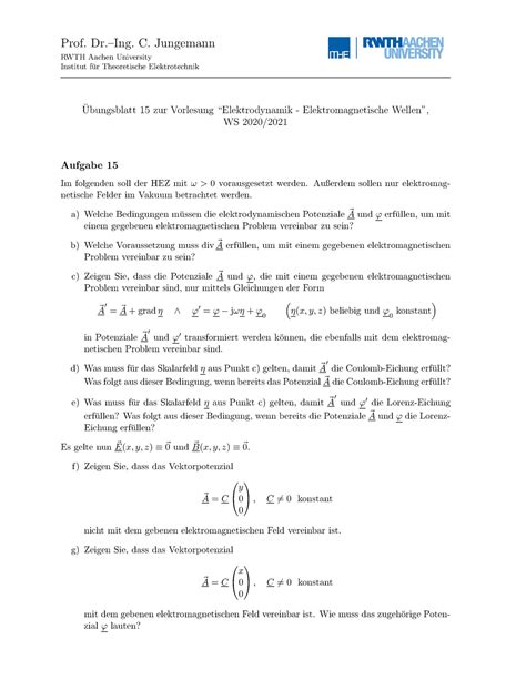 Uebungsblatt Prof Dr Ing C Jungemann Rwth Aachen University