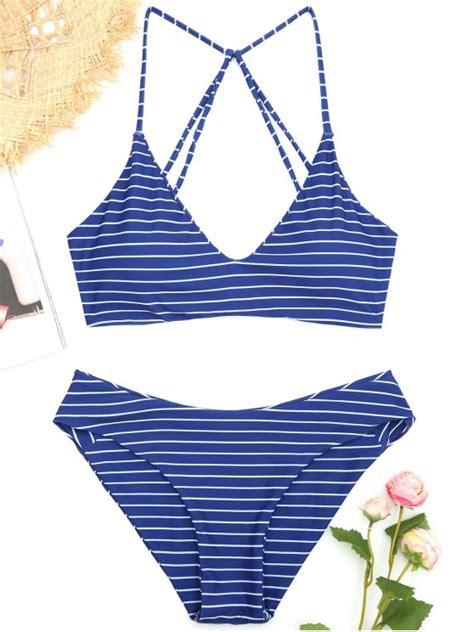 Off Caged Striped Bikini Set In Deep Blue Zaful