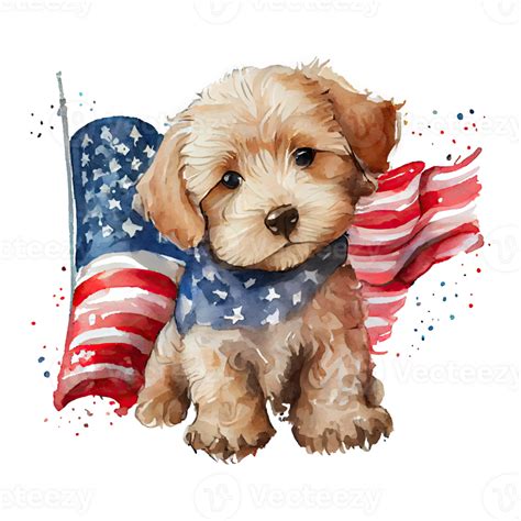 Watercolor Happy Cute Patriotic Dog Puppy With American Flag Print